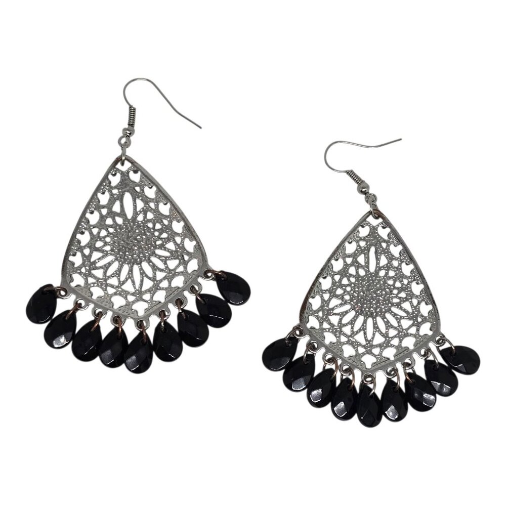 Vintage Silver Filigree Earrings With Black Teardrop Beads‎ And Hook Closure